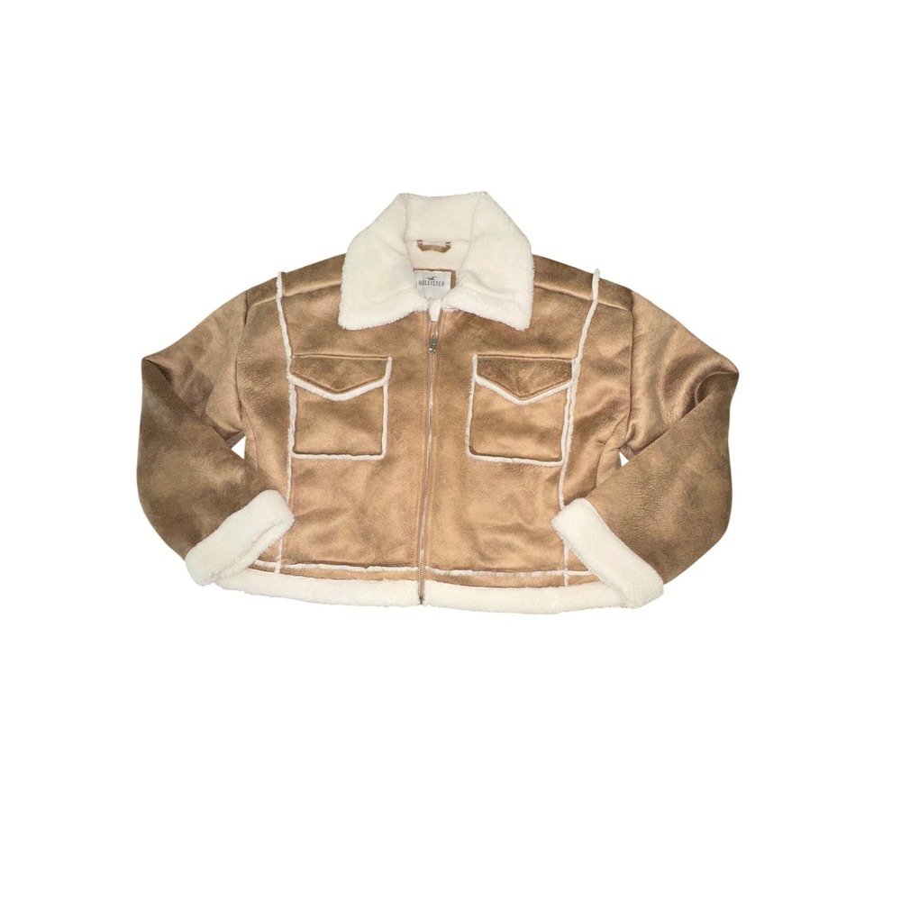 Hollister Faux Suede Aviator Jacket Tan Brown Faux Fur Trim XL Women Crop Zip Up